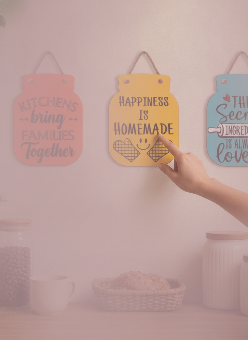 A hand gently touches a wooden kitchen wall hanging, revealing visible brushstrokes and texture, in a cozy home kitchen.