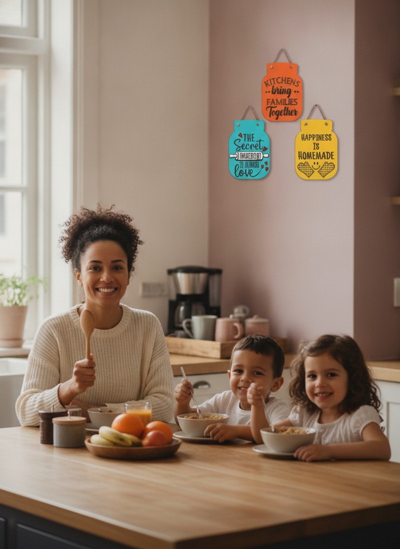 A smiling woman in her kitchen, with children at the island. Three wooden wall hangings are above a coffee station.