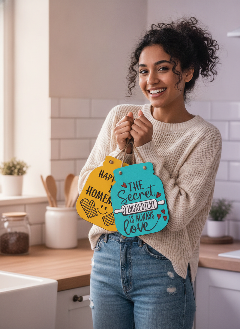 A smiling young woman holds three wooden kitchen wall hangings in a warm, newly decorated kitchen, looking slightly off-camer
